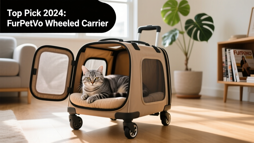 A calm cat resting inside an open FurPetVo wheeled carrier with mesh ventilation panels and a soft interior lining