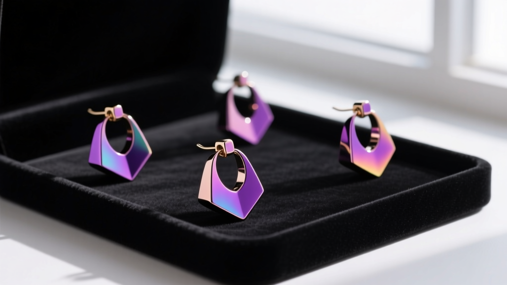 Vibrant anodized niobium earring hangers in deep purple, resting elegantly on a soft black velvet jewelry display pad.