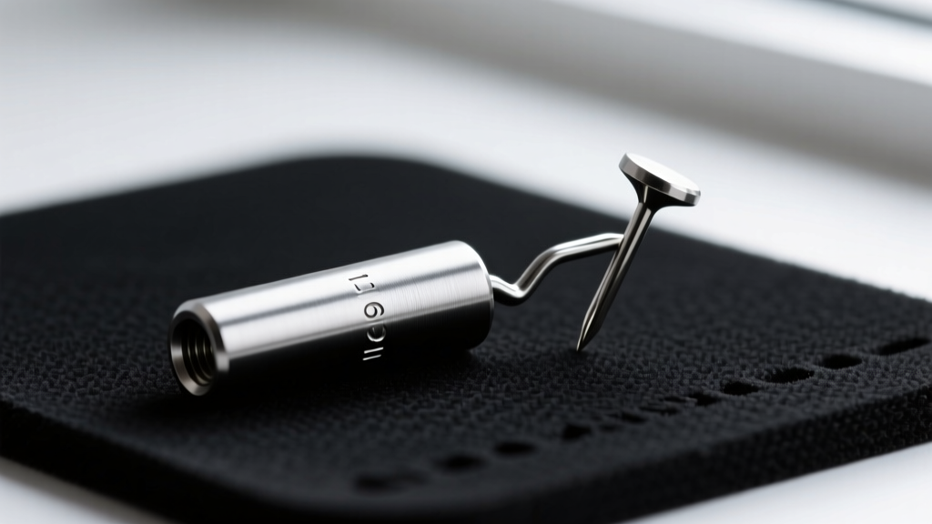 Macro shot of a 16-gauge titanium threadless labret post and a bent push-pin end being separated on a clean black neoprene mat.