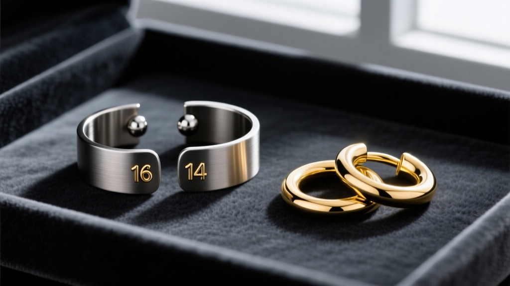 Flat lay of 16-gauge titanium ear cuffs and 14k gold huggie hoops on dark velvet, shot directly above with sharp macro focus.