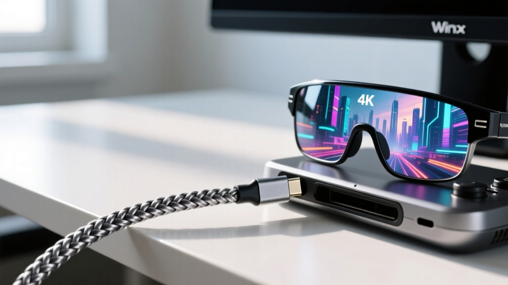 Extreme close-up of a braided Thunderbolt 4 USB-C cable connecting a handheld gaming PC to Winx smart glasses displaying 4K HDR