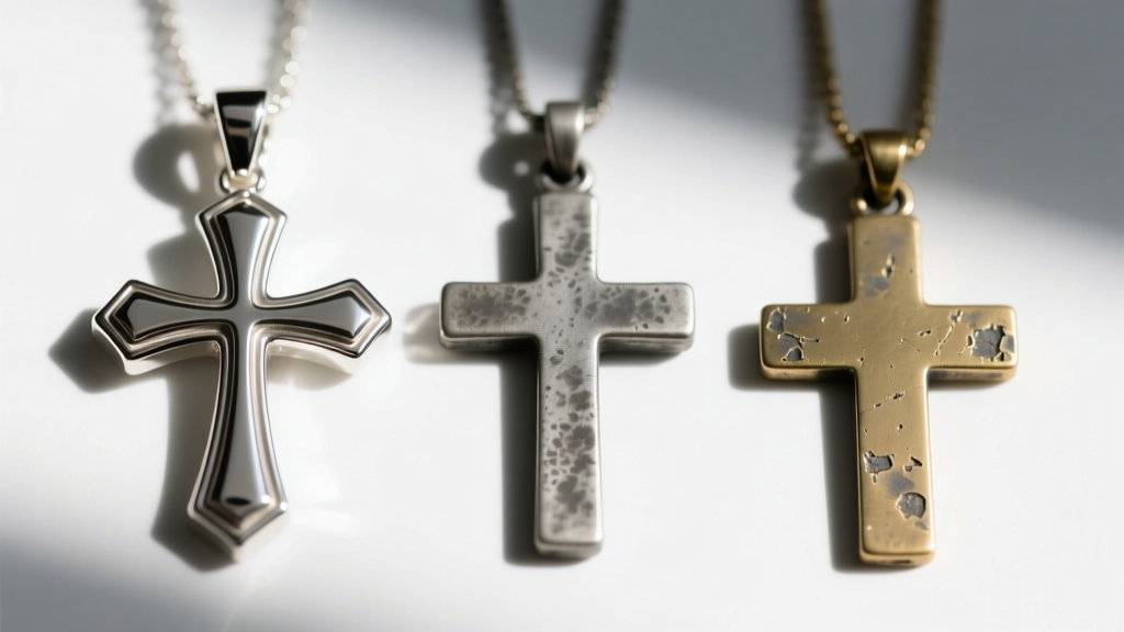 Macro shot comparing three cross pendants side-by-side: polished sterling silver, matte antique pewter, and cheap brass alloy.