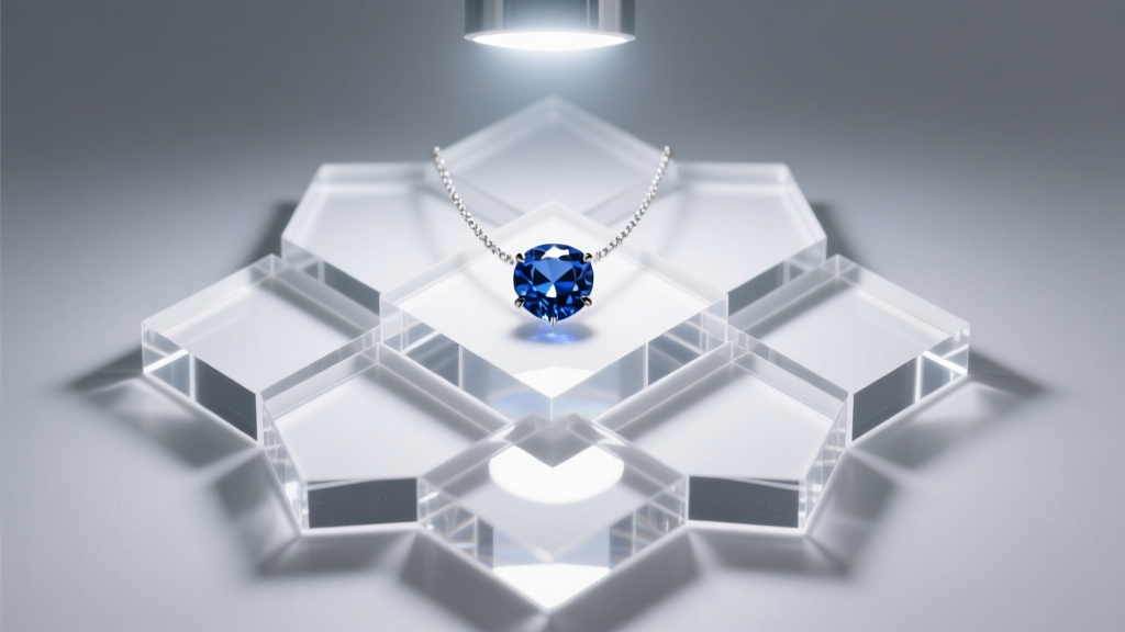 Overhead view of modular acrylic necklace display stand illuminated by focused 4000K LED spotlight highlighting a sapphire gem