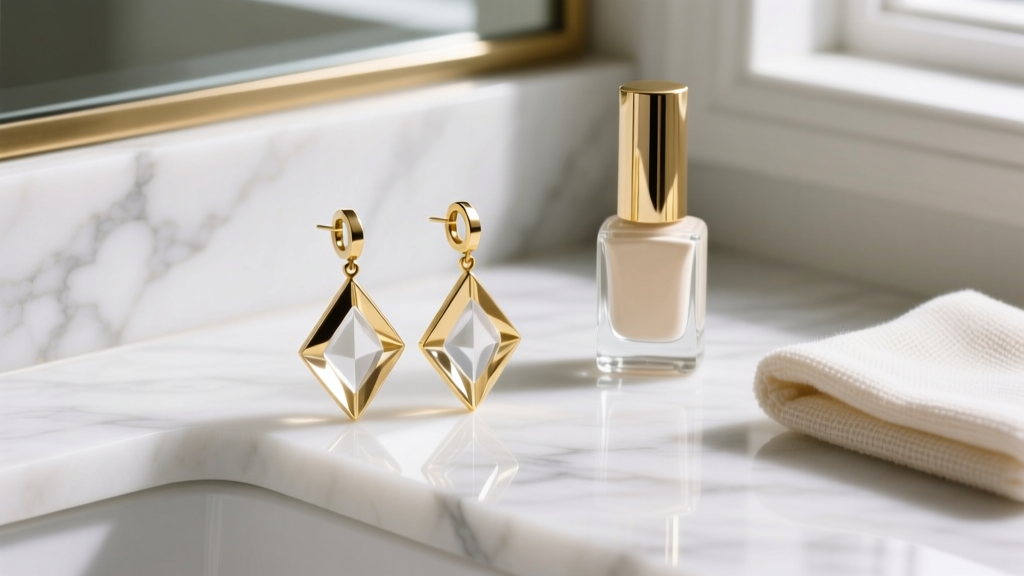 Gold-tone and acrylic fashion drop earrings on a white marble vanity beside clear nail polish and a microfiber cloth.