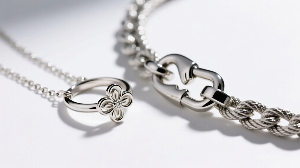 Close-up of a small spring ring clasp on a thin chain beside a sturdy lobster clasp on a rope chain, on a bright white background.