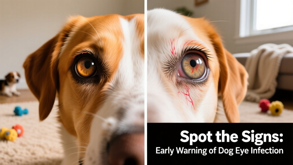 Side-by-side comparison of healthy dog eye vs. eye with visible corneal cloudiness and mild redness