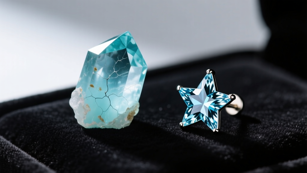 Macro shot of natural aquamarine with inclusions beside a flawless lab-created aquamarine starfish earring stud on dark velvet.
