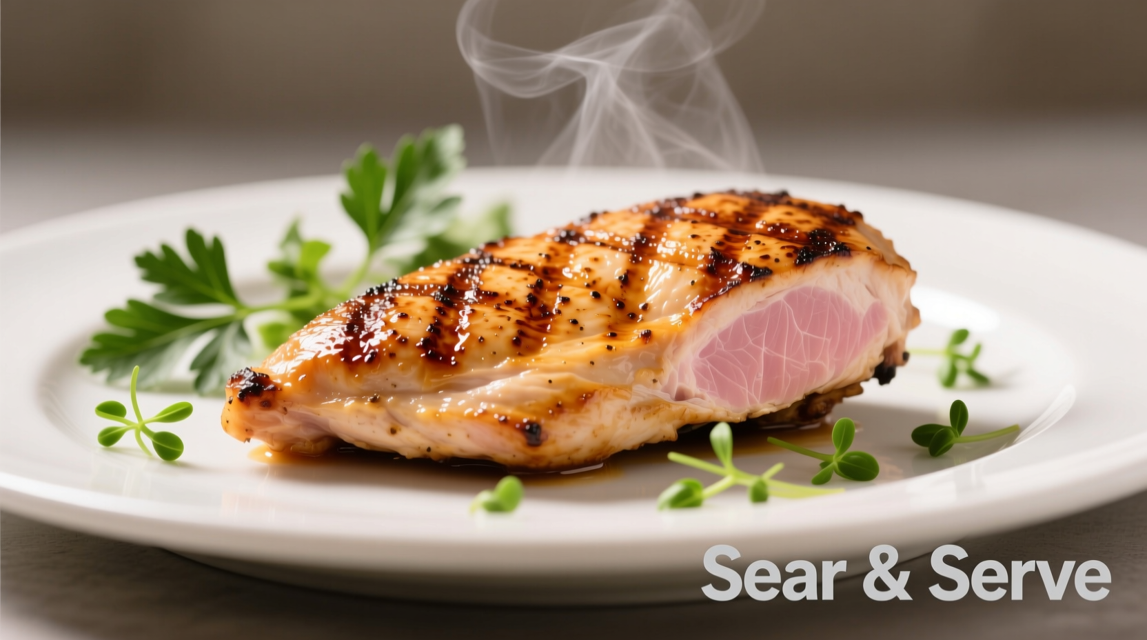 Perfectly seared chicken breast with herb garnish on white plate