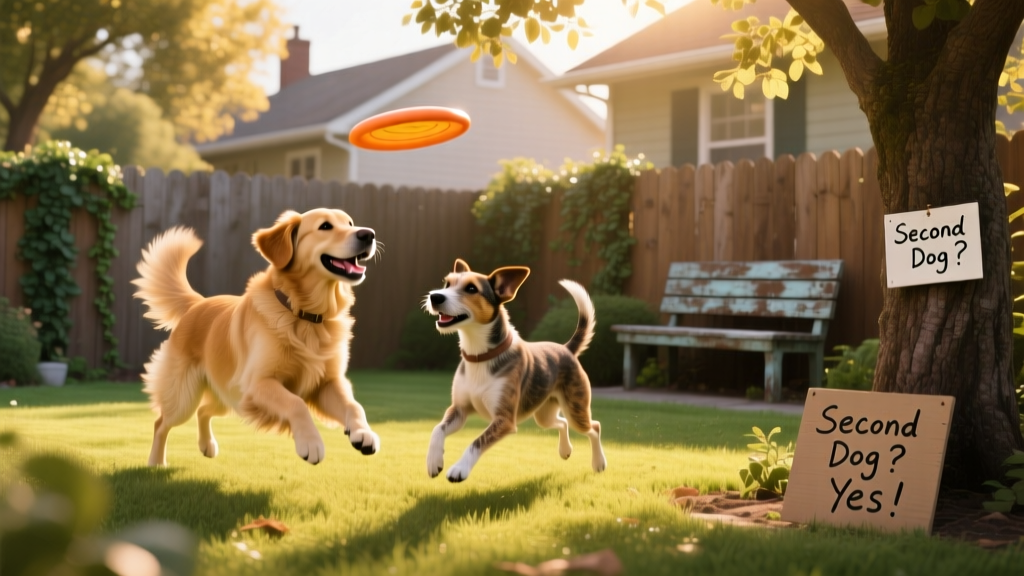Two friendly dogs playing side by side in a sunlit backyard