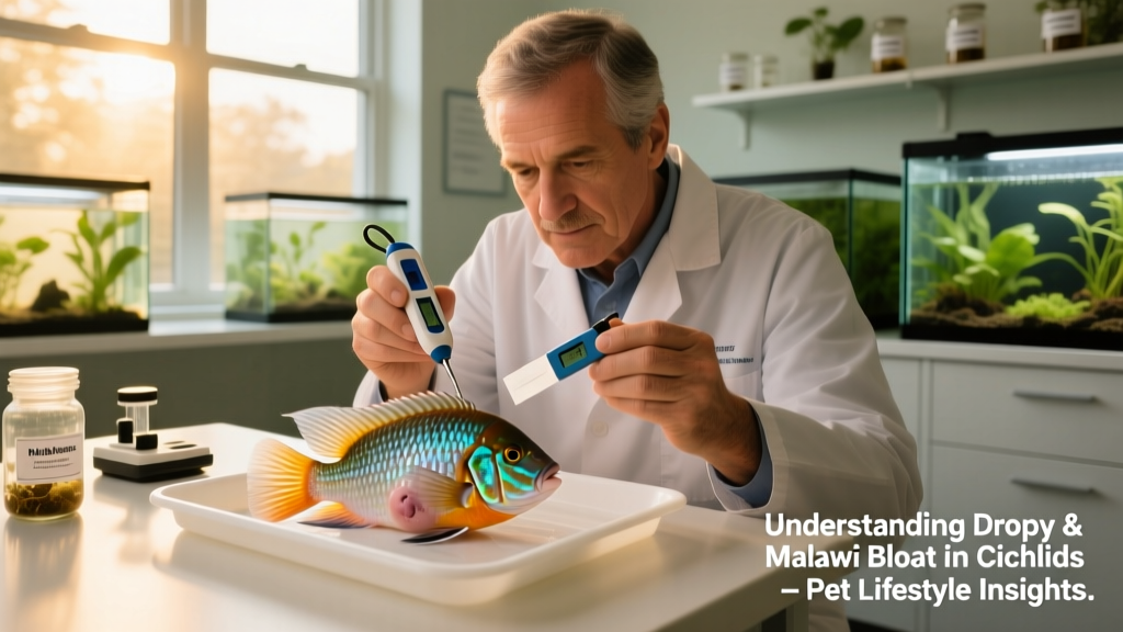 Veterinary aquaculturist examining a cichlid using handheld diagnostic tools in a clinical setting