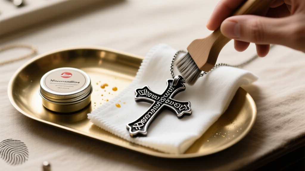 Jeweler bench showing a tin of microcrystalline wax, a soft cloth, and an oxidized black silver cross necklace being polished.