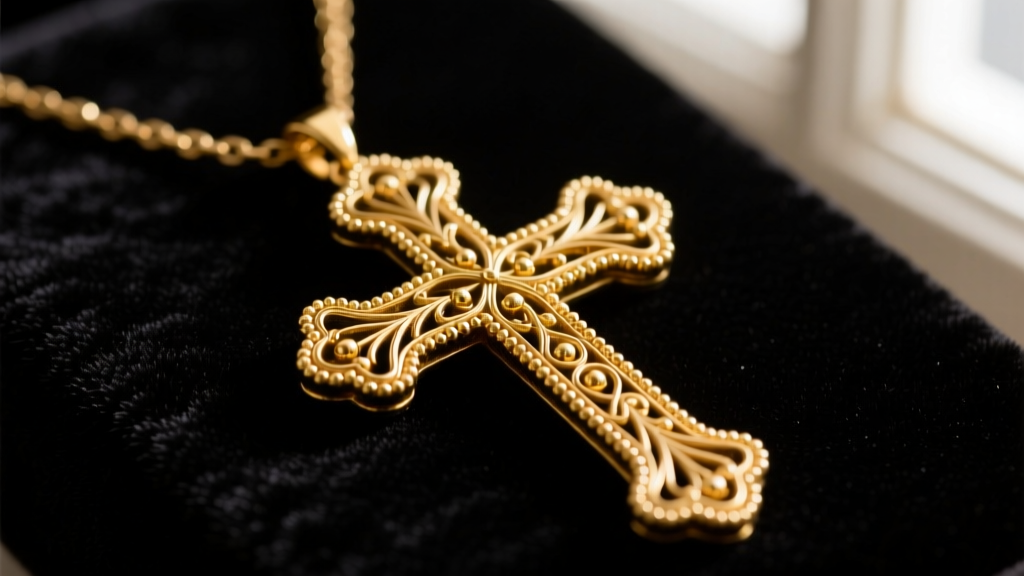 Close-up of a tarnished Victorian 15k gold old cross necklace with intricate Etruscan revival granulation on dark velvet