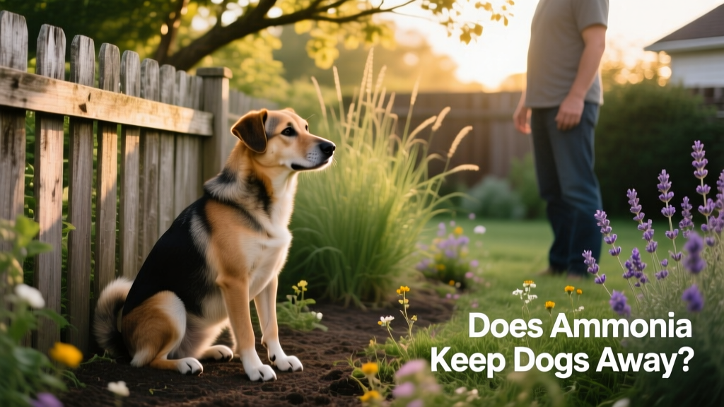 A calm dog sitting beside a fenced garden area, looking attentively at their owner