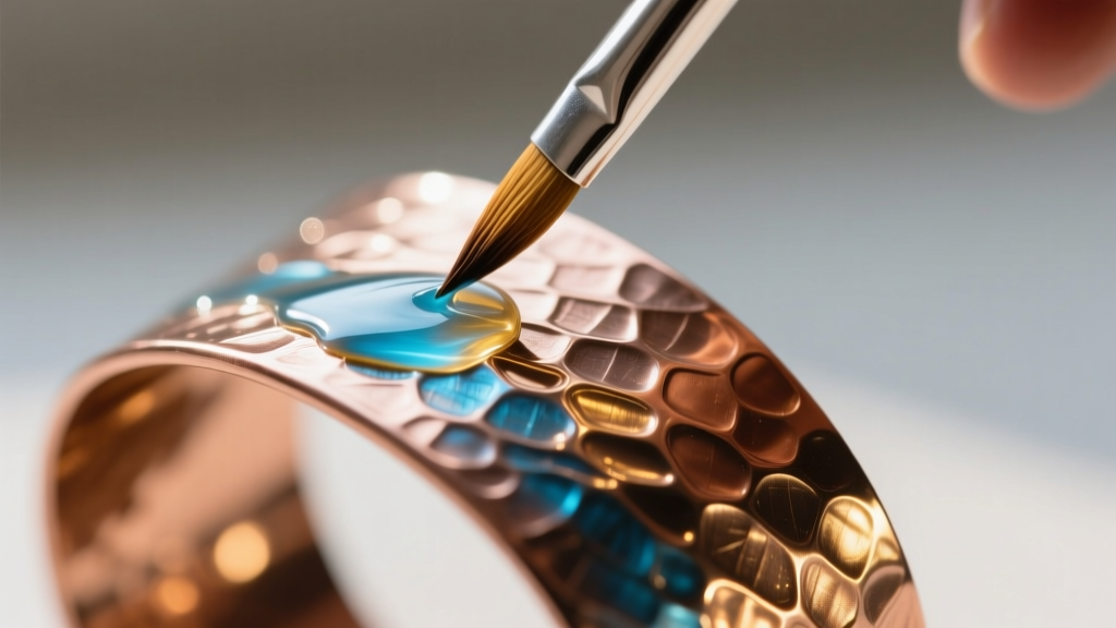 Close-up of a fine brush applying clear coating to a textured copper cuff, highlighting the wet reflective finish on the metal