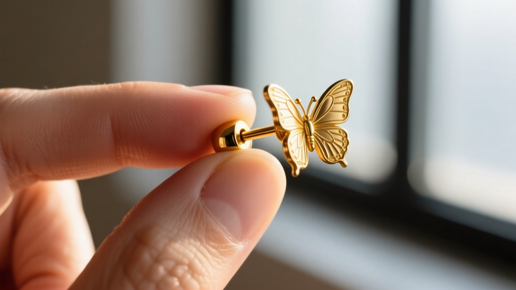 Extreme close-up of a thumb and index finger struggling to grip a tightly stuck 14k gold butterfly earring back on a thick post