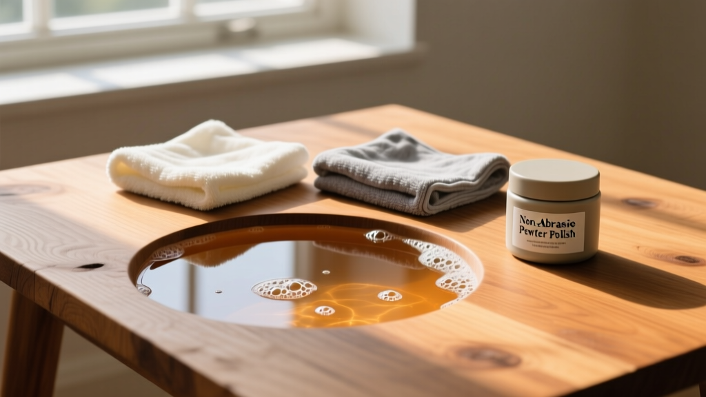 Overhead view of a wooden table with warm soapy water, soft microfiber cloths, and a small jar of non-abrasive pewter polish.
