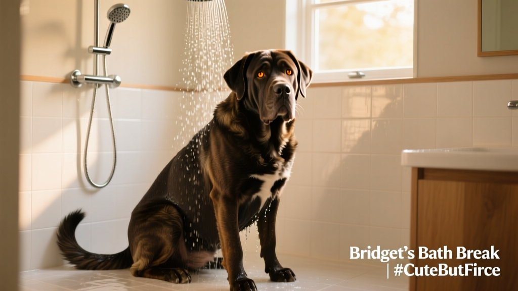 Bridget the Mastiff sitting calmly in the shower, tail gently curled, as water softly rains down