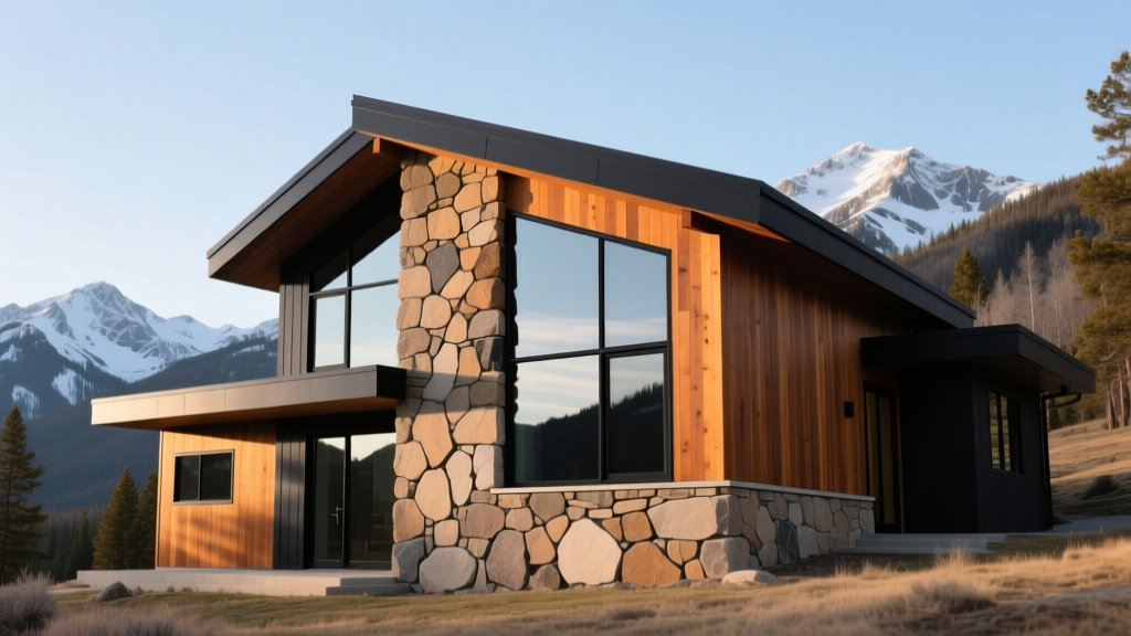 Modern mountain home exterior featuring dry-stacked Colorado limestone veneer paired with thermally modified wood siding and black steel windows