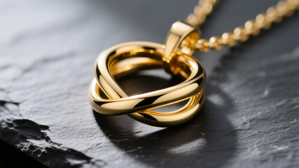 Macro shot of an 18k yellow gold interlocking rings pendant on dark slate, highlighting seamless weld points and high-polish finish.