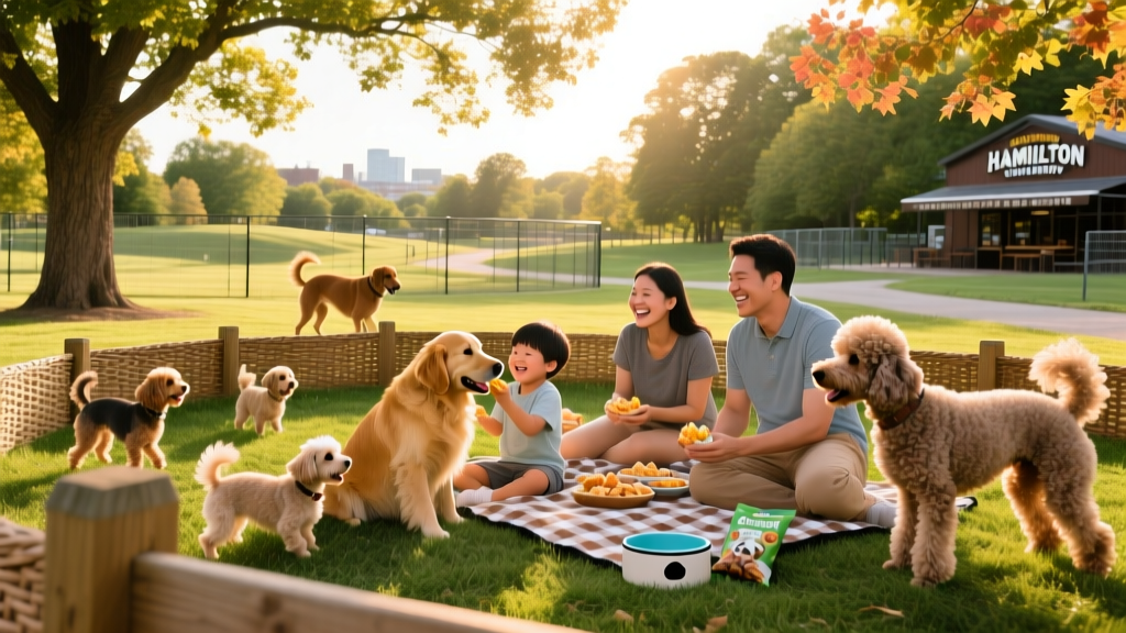 A family picnicking at Heritage Green Dog Park, with small and large dogs playing separately in fenced zones and trees overhead