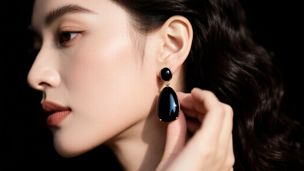 Profile close-up of a woman styling a heavy black onyx drop clip-on earring on her left earlobe against a dark background