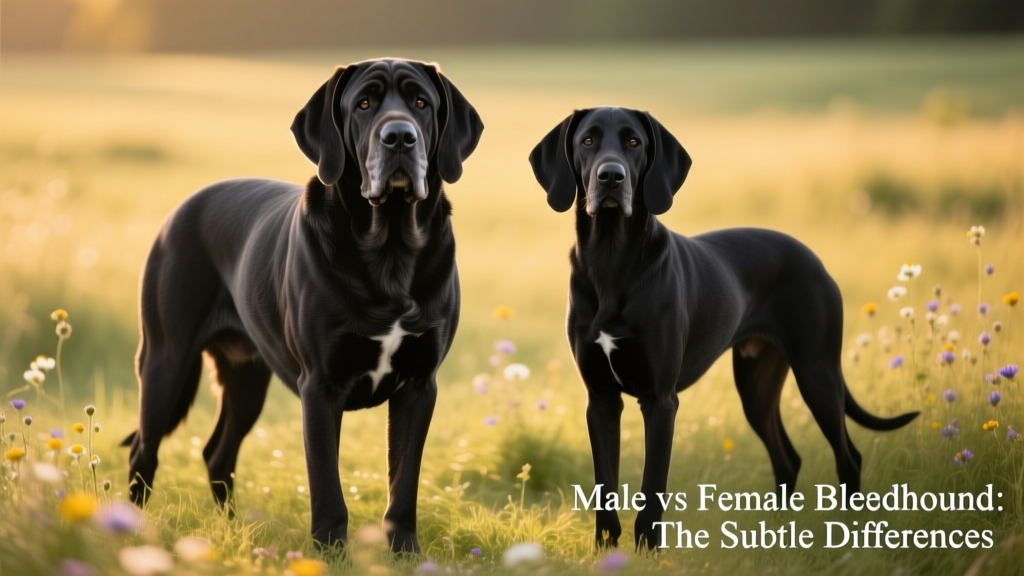 Side-by-side comparison of a mature male and female Bloodhound standing calmly on grass