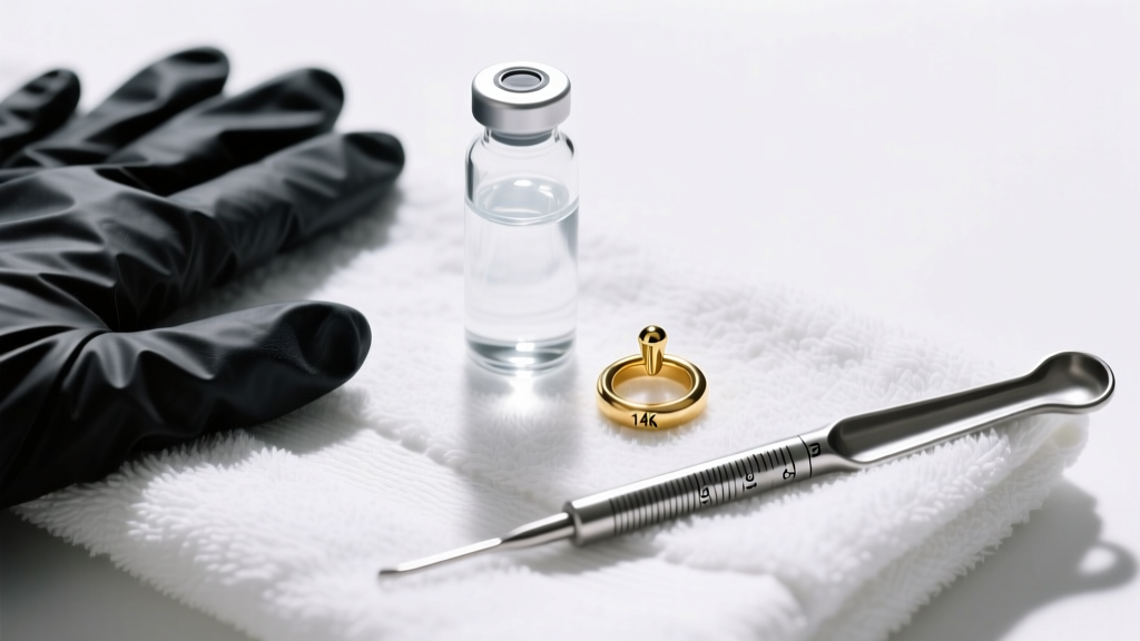 Overhead view of sterile saline, black gloves, steel insertion taper, and 14k gold threadless nose jewelry on a white towel.