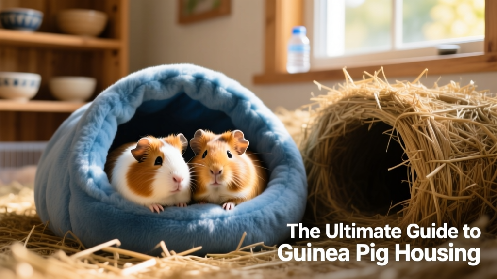 Two guinea pigs nestled together inside a soft blue plush hideout beside a hay-filled tunnel