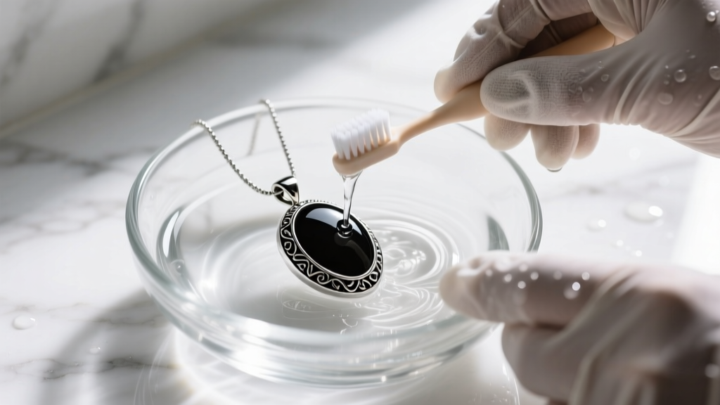 Gloved hands gently scrubbing a black silver pendant with a soft baby toothbrush and mild soapy water inside a clear glass bowl.