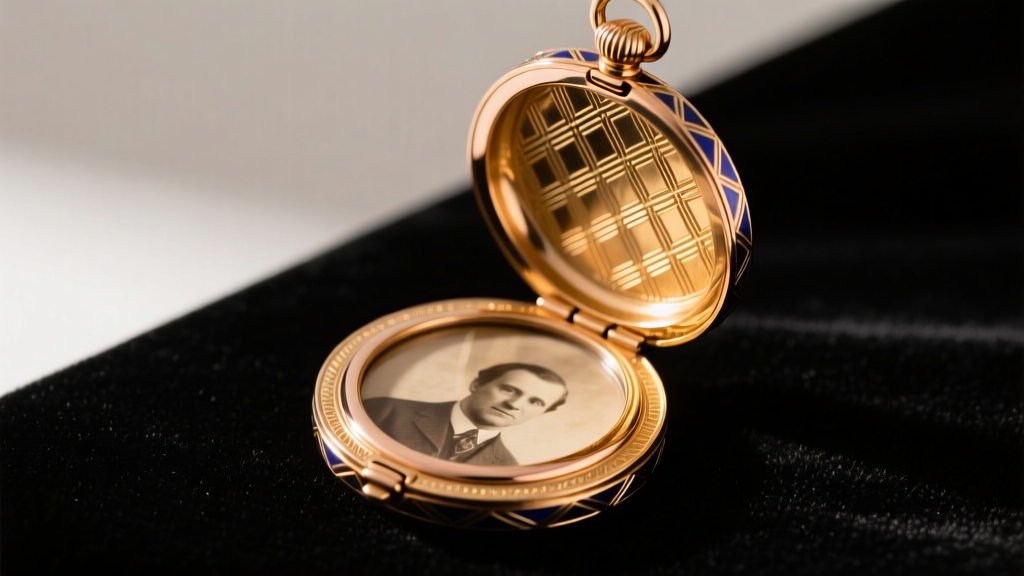 Open vintage locket with sepia photo showing intricate guilloché enamel on the 18k rose gold exterior under warm studio lighting.