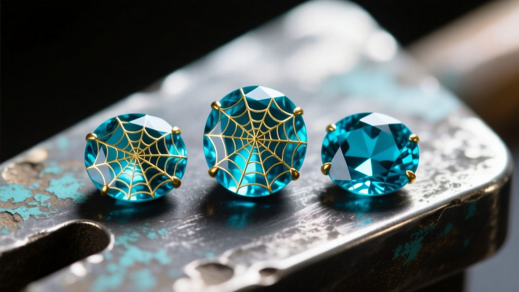 Macro shot of three turquoise cabochons with spiderweb matrix patterns resting on a dark oxidized silver jeweler's bench block