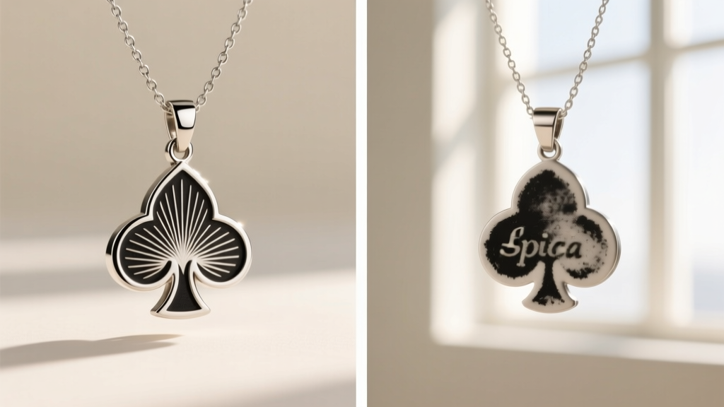 Side-by-side comparison showing crisp laser-engraved spade logo on authentic pendant versus blurred stamp on a counterfeit piece