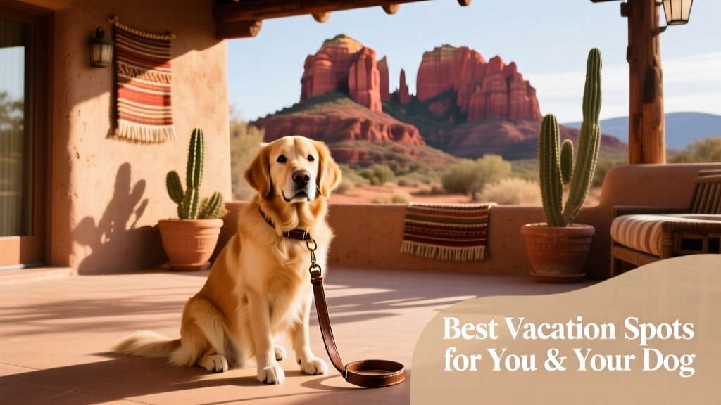 Dog sitting on a shaded patio outside a Southwestern-style hotel in Sedona, with red rocks visible in the background