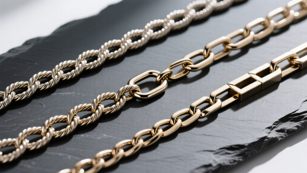 Overhead view of three different chain styles including rope, curb, and box chains laid out on a dark grey slate background