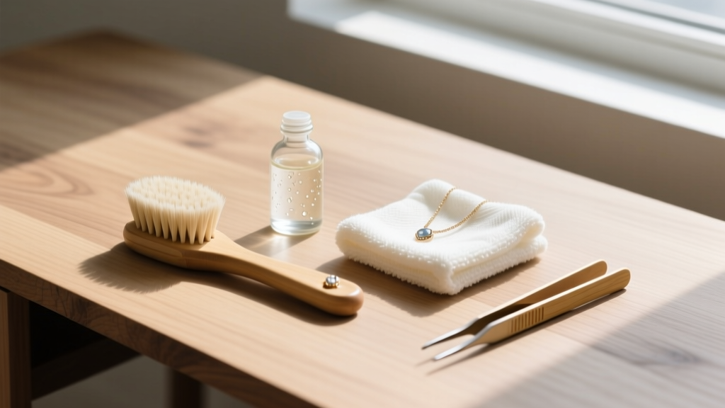 Flat lay of jewelry cleaning tools including a soft brush, mild soap, polishing cloth, and bamboo tweezers on a wooden desk