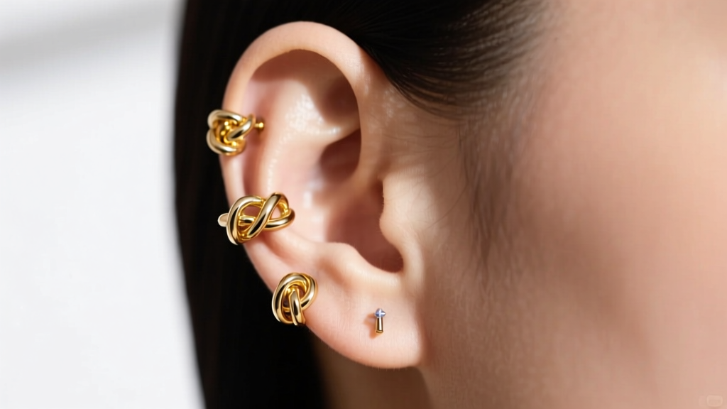Side profile of an ear featuring a curated piercing with 14k gold knot earrings placed in the lobe, helix, and tragus areas.