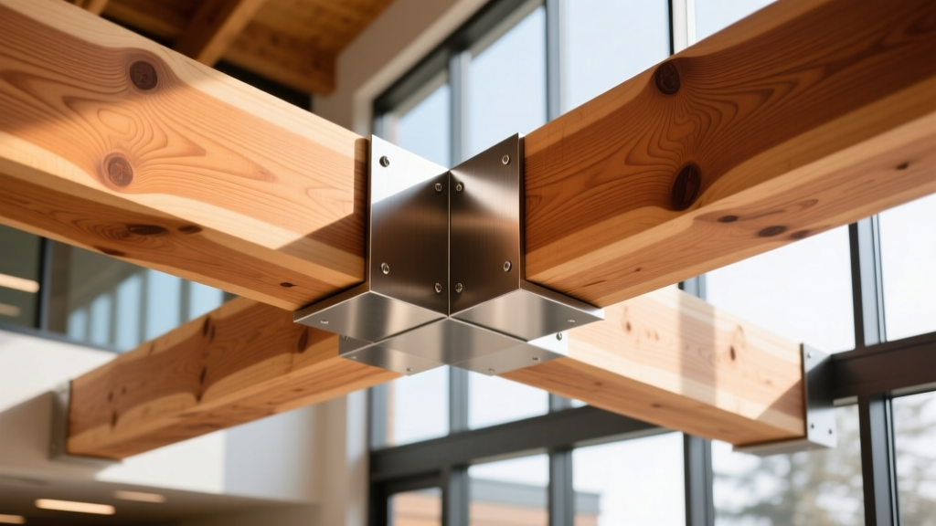 Close-up of massive Douglas Fir glulam beams intersecting with steel brackets in a modern timber-frame commercial building interior