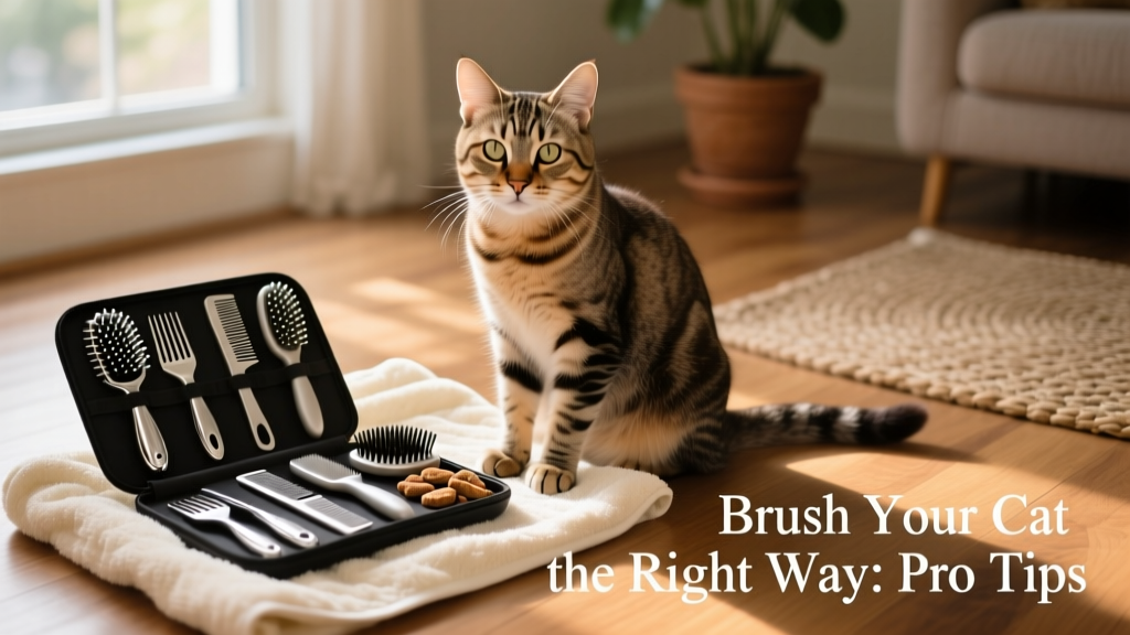A calm cat sitting beside a grooming kit with brushes, combs, and treats laid out neatly on a soft towel