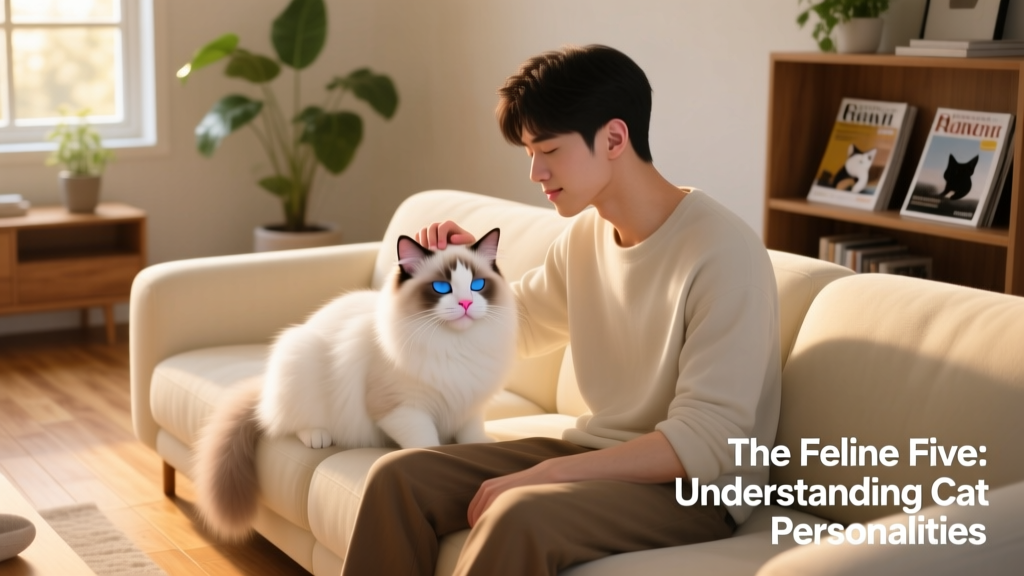 A person gently stroking a relaxed Ragdoll cat’s head while seated together on a sofa