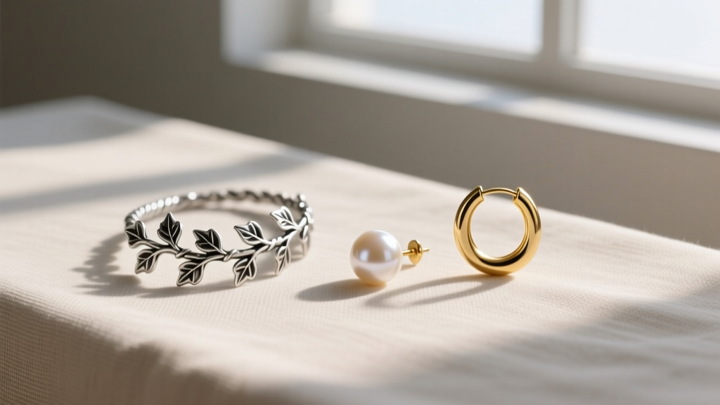 Flat lay of a curated ear styling board featuring an oxidized silver ivy threader, a pearl stud, and a small gold huggie hoop