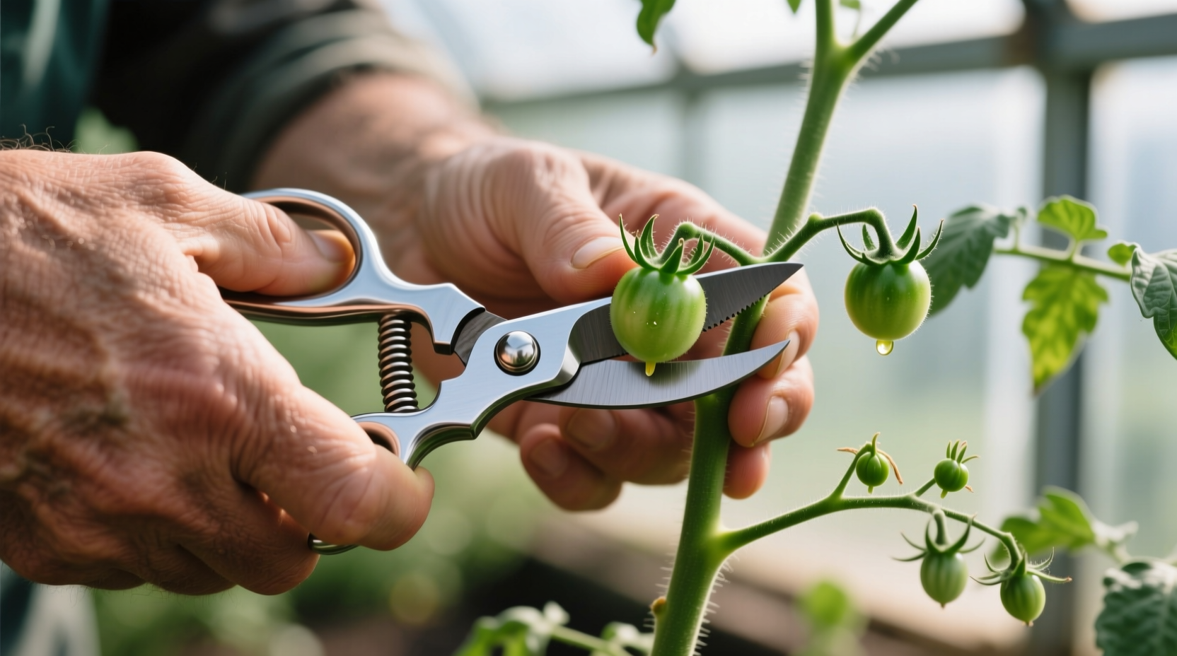 Close-up of hand pruning cherry tomato suckers with clean shears