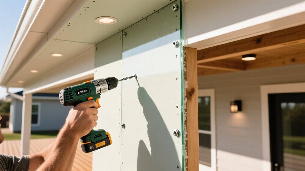 Contractor installing 5/8-inch glass-mat exterior gypsum board soffit panels on a covered porch ceiling with galvanized screws