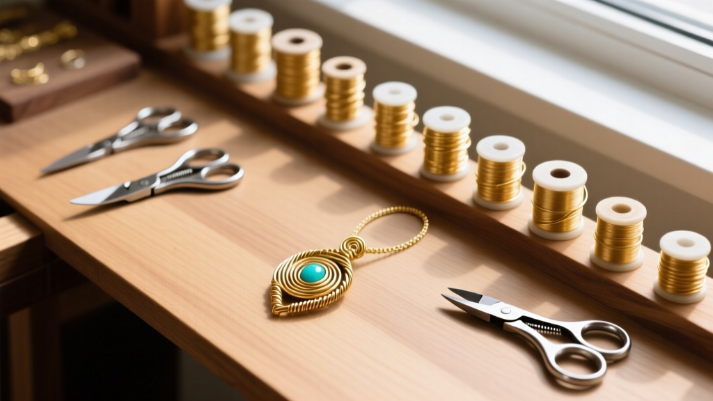 Overhead shot of a wooden jeweler bench with 14k gold-filled wire spools, flush cutters, and a finished wire-wrapped pendant.