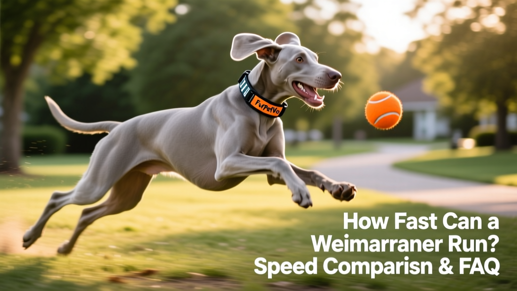 A Weimaraner wearing a lightweight FurPetVo activity collar during a joyful game of fetch in a park