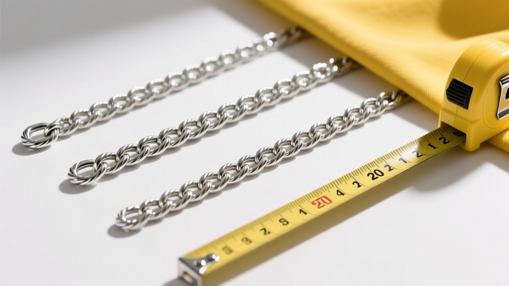 Flat lay of three silver rope chains measuring 18, 20, and 22 inches displayed neatly next to a yellow fabric measuring tape