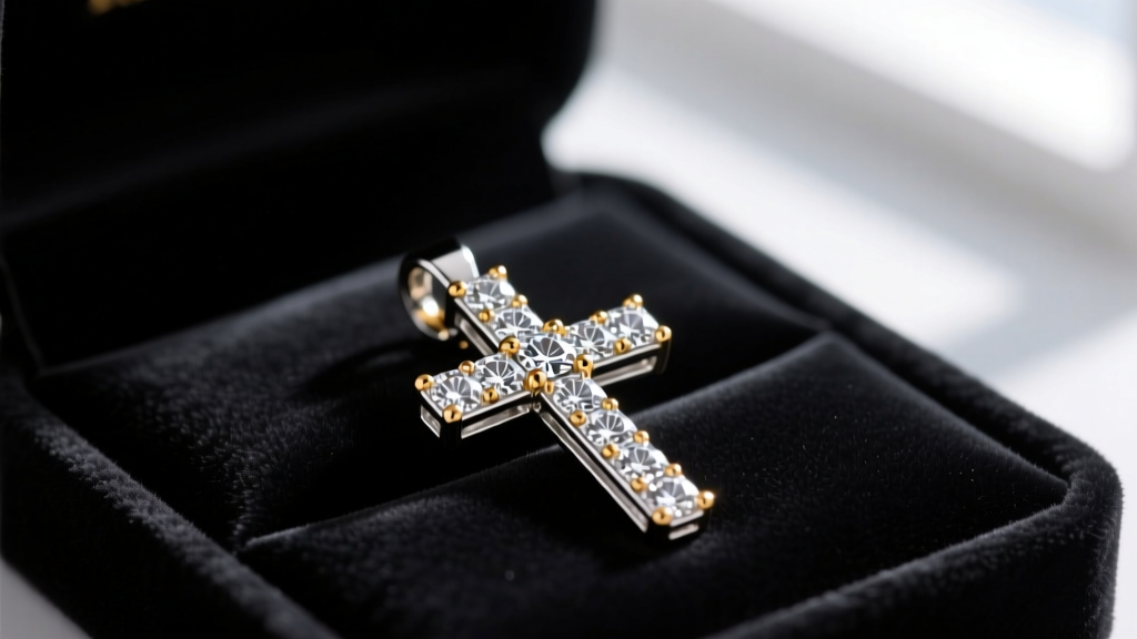 Macro shot of a micro-pave cubic zirconia cross pendant with mixed silver and gold metals resting on a dark velvet display tray