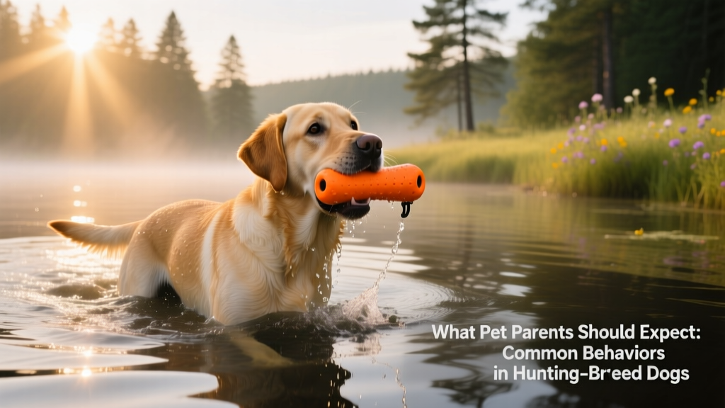 A Labrador Retriever emerging from calm lake water, holding a bright orange training dummy gently in its mouth