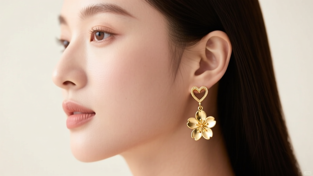 Side profile of woman with heart-shaped face wearing delicate 14k gold sakura cherry blossom drop earrings, highlighting jawline.