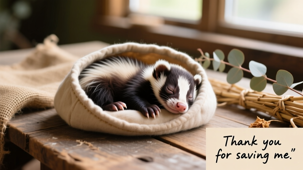 A baby skunk resting peacefully in a soft-lined carrier at the wildlife care center, surrounded by gentle lighting and natural textures