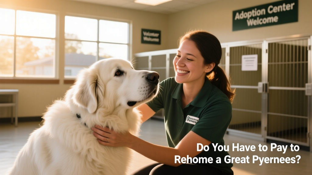 A friendly volunteer interacting with a Great Pyrenees at a well-run rescue facility